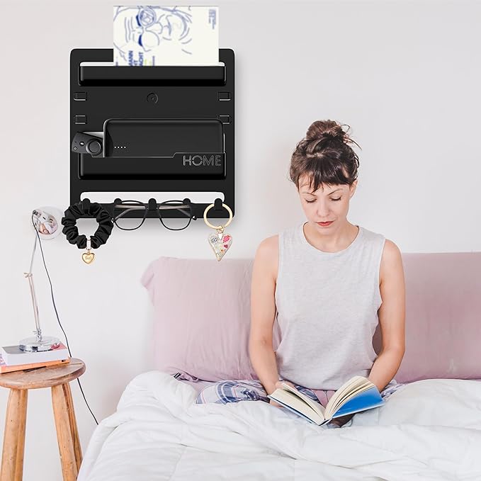Bedside Wall Mount Organizer,Bedside Wall Shelf Accessories Floating Shelves Stick On for Bedroom Storage Organization,Aesthetic Room Dorm Decor for Girls,Cute Stuff for Teens,5 Hooks-Black
