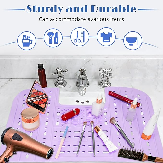 Bathroom Sink Cover for Counter Space, Heat-Resistant Silicone Sink Cover for Makeup Foldable Makeup Mat with Hanging Loop, Space Saver Sink Organizer Mat for Bathroom, 22 * 17" Purple