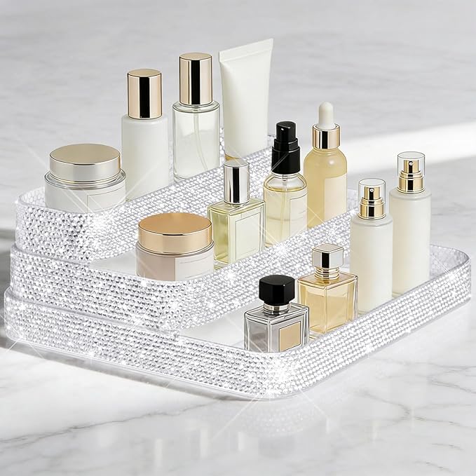 Bling Perfume Organizer Three-Tiered Shelf, Sparkle Perfume Lotion Skincare Stand, Shiny Spice Vitamins Bottles Holder, Glitter Sturdy Rack for Bathroom Countertop Cabinet Storage