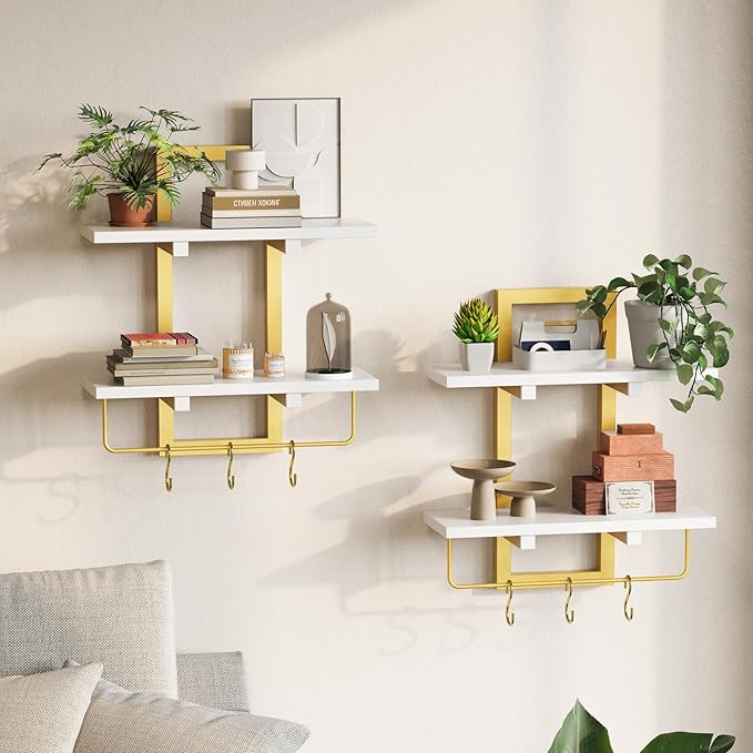 Creso hom Floating Shelves, 15" Wall Shelf Set of 2, Hanging Bathroom Shelves 2-Tier, Wall Mounted Storage Shelves, for Living Room Bedroom Bathroom Kitchen Office Coffee Bar, White and Gold
