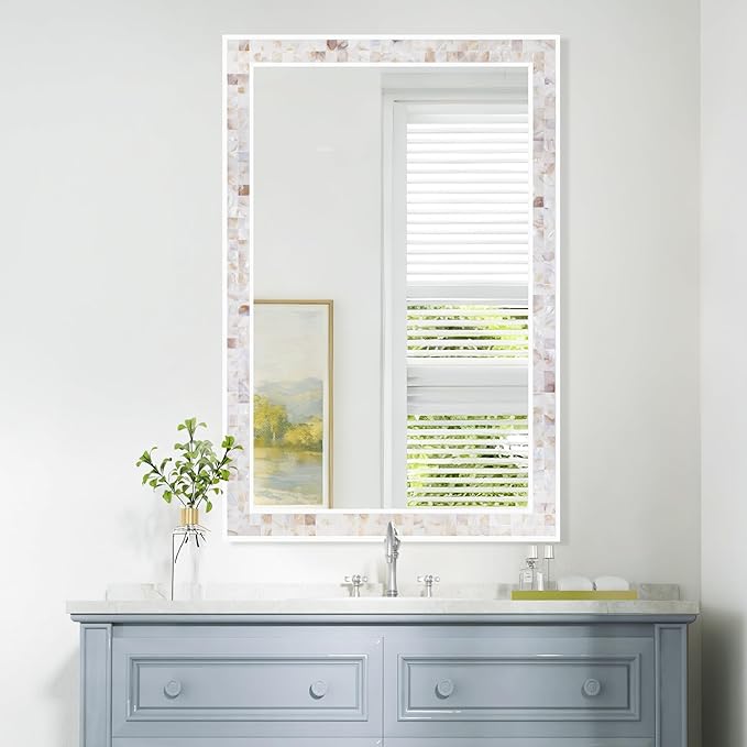 Tanmicoshomy Brown Shell Framed Rectangular Wall Mirrors for Bathroom, 24x36 Inch Mosaic Mirror for Bedroom Living Room or Entryway, Wall Mounted Horizontal or Vertical Hanging