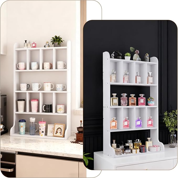 Perfume Organizer Cologne Display Case - Perfume Organizer Cologne Stand - Multi-Tier Partition Trinket Shelf for Fragrances, Cosmetics, Collectibles, Figures, Miniatures and Shot Glasses (White)