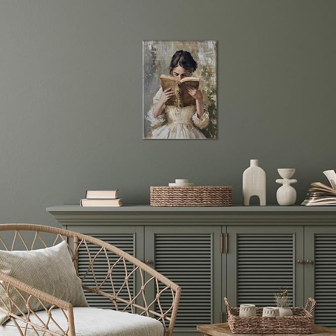 Vintage Victorian Woman Reading Book Wall Art Light Academia Wall Decor Paintings Picture Moody Girl Aesthetic Poster Canvas Print for Bedroom Living Room Dorm Library Nook 16x24 Inch Framed