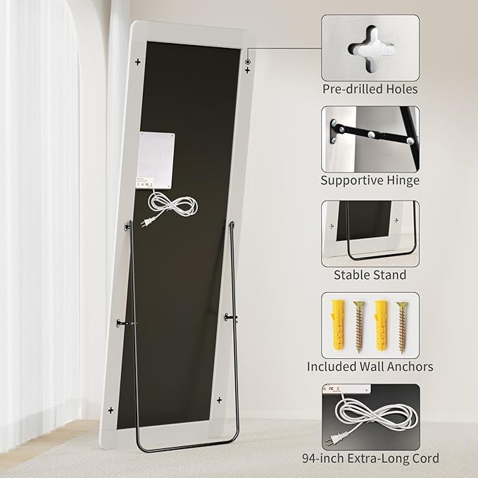 Koonmi Full Length Mirror with LED Lights, 71"x26" Lighted Mirror with Dimming & 3 Color Lighting, Big Mirror for Bedroom, Dressing Room, Rectangle,White