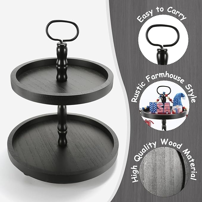 Wooden Two Tiered Tray Stand, Farmhouse Round 2 Tier Decorative Tray for Home Kitchen Table Decor, Serving Tray for Coffee Bar Party Weddding Holiday Decorations Fruits and Cupcake Display (Black)