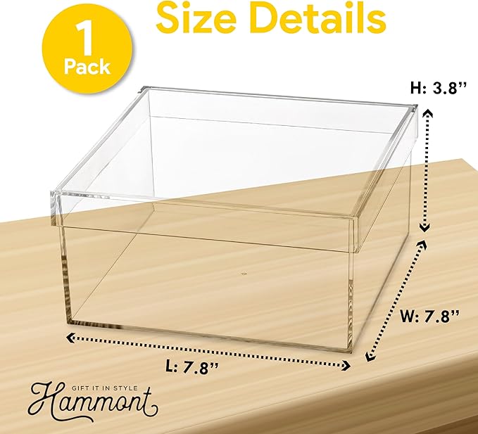 Hammont Rectangle Clear Acrylic Storage Box with Fitted Lid – 7.8″ × 7.8″ × 3.8″ Durable Organizer Bin for Bathroom, Makeup, Jewelry, Crafts & Pantry – 1 Pack