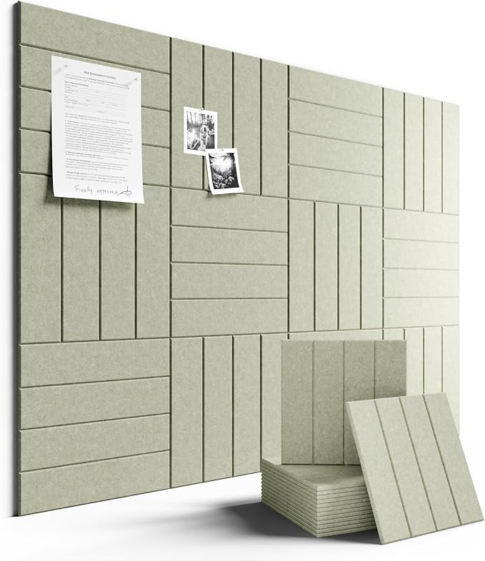 Fluxynara Felt Bulletin Board Tiles Large 48" x 36" Cork Board Alternative-12 Pack with 70 Adhesive Tabs, Thick Slat Wall Panels for Office Decor, Push Pin Board Wall Organizer Alternative-Sage Green
