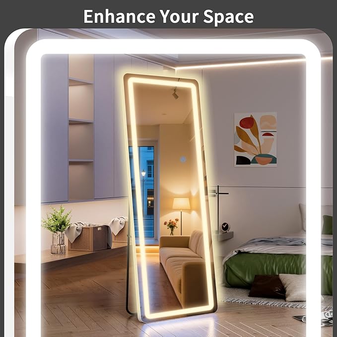 Standing Mirror Full Length with LED Lights, 68"x26" Lighted Mirror with Dimming & 3 Color Lighting, Tall Mirror Full Body for Bedroom, Dressing Room