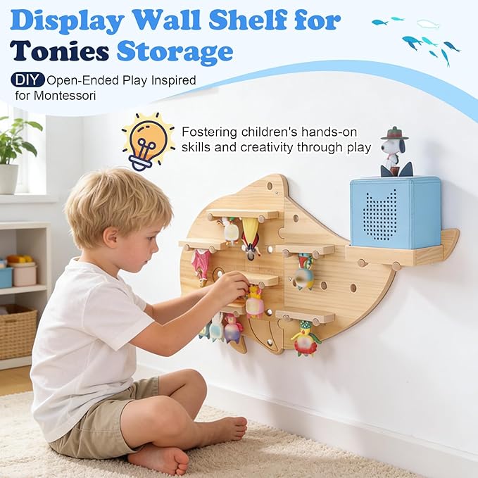 Inspired by Montessori Display Shelf for Tonies 2/1 Toniebox Figures, Dolphin DIY Open-Ended Play Storage Organizer Wall Shelf for Tonies Box Characters, Enhance Children's Hands-On Skills