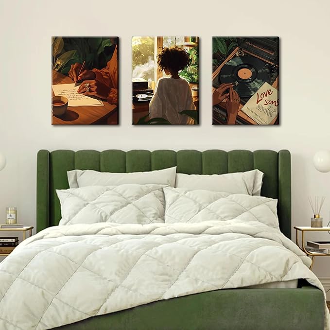 Black Woman Wall Art Set of 3 Fashion Black Girl Wall Decor, Trendy African American Women Music Poster Song Lover Canvas Prints Artwork for Bedroom Living Room 16x24 inch Framed