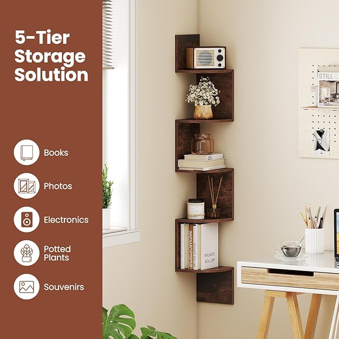 Giantex Corner Shelf Wall Mounted, 5-Tier Floating Corner Bookshelf, Home Storage Organizer, Wooden Display Stand Rack for Wall, Plant Shelf for Living Room, Bedroom, Kitchen (1,Rustic Brown)