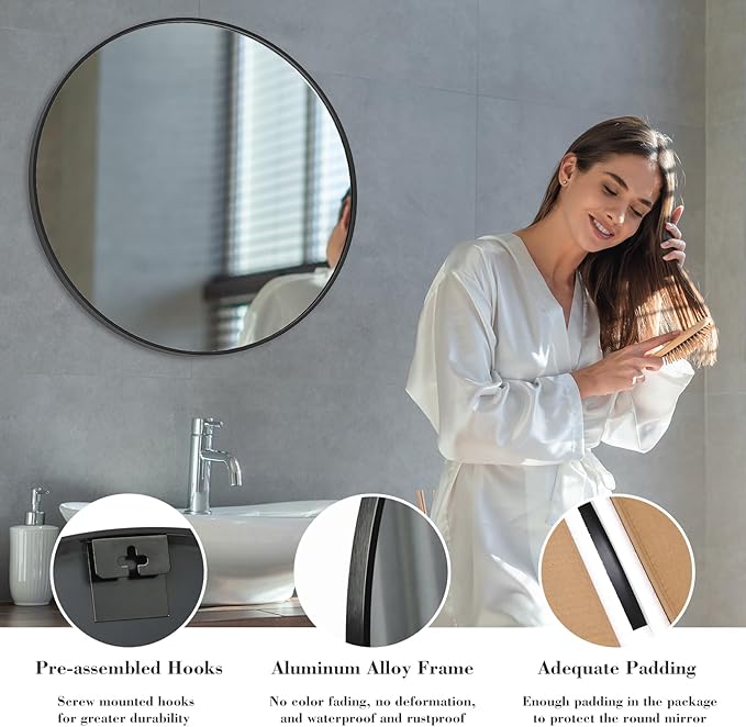 NEWBULIG Black Round Wall Mirror 30 Inch, Bathroom Mirrors for Over Sink, Wall Decor for Bathroom, Entryway, Bedroom, Vanity