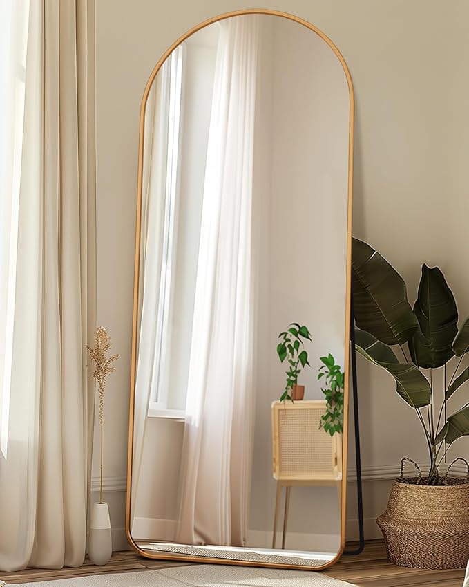Antok Full Length Mirror, 56"x15" Floor Mirror with Stand, Hanging Mounted Mirrors for Bedroom, Living Room, Cloakroom, Dining Room, Gold, Arch