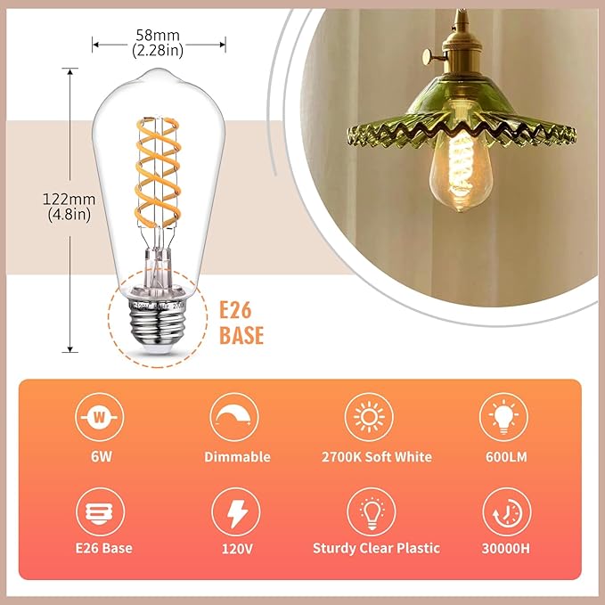 12Pack Edison Light Bulb 60W Equivalent, Dimmable Vintage LED Light Bulbs, E26 Medium Base, Warm White 2700K, 6W, 600LM, 80+CRI, Antique Decorative LED Bulb, Shtterfroof Clear Shell.