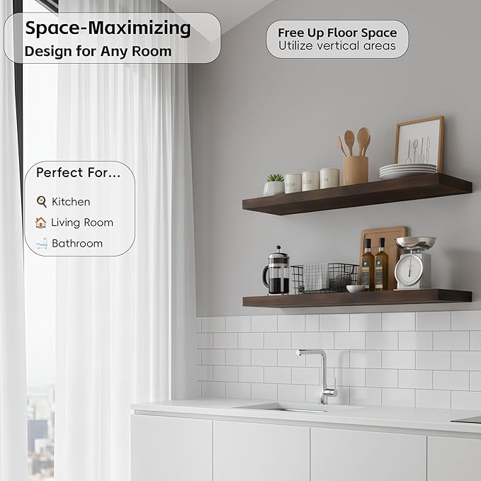 Lufia Floating Wall Shelves, Set of 2, MDF with Invisible Brackets, Modern Storage for Bedroom, Bathroom, Living Room, Kitchen (Rustic Brown, 24" W x 7" D x 1.5" H)