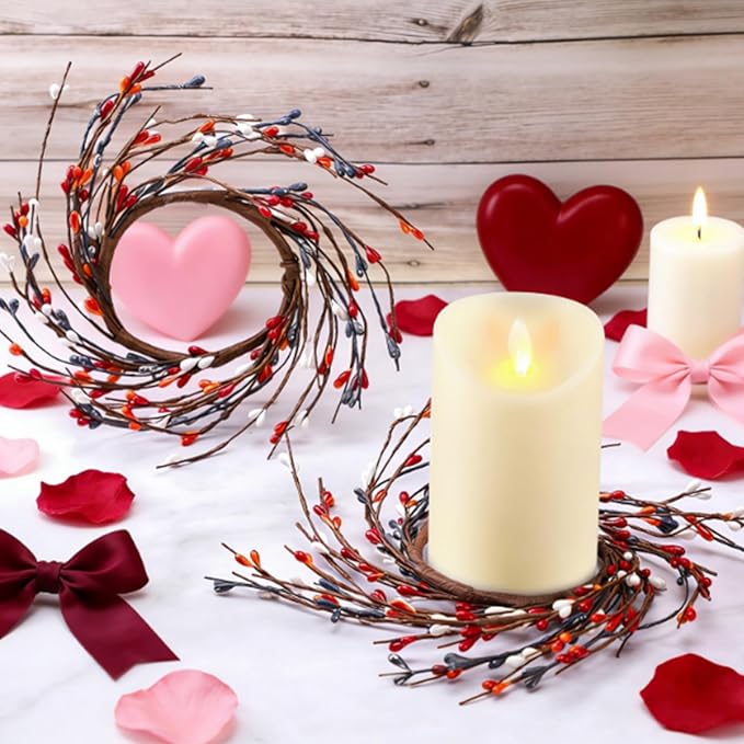 Daifunli 2 Pcs Valentine's Day Primitive Berry Candle Ring 3.9 Inch Rustic Farmhouse Red Berries Candle Ring Wreath for Pillar Candles Holder for Valentine Spring Table Centerpiece Decor