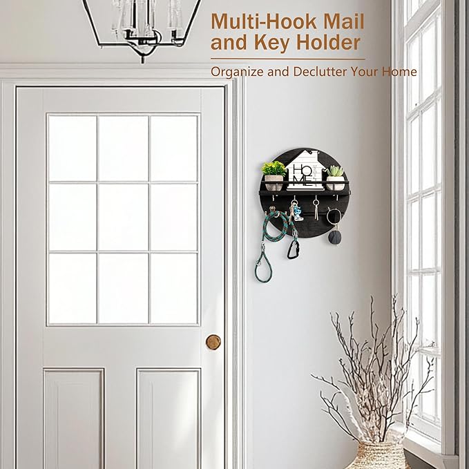 dreampossible Key Holder for Wall Decorative with Shelf and Hooks, Mail Organizer Wall Mount, Circular Design Entryway Key Rack Hanger, Rustic Home Decor (Black)