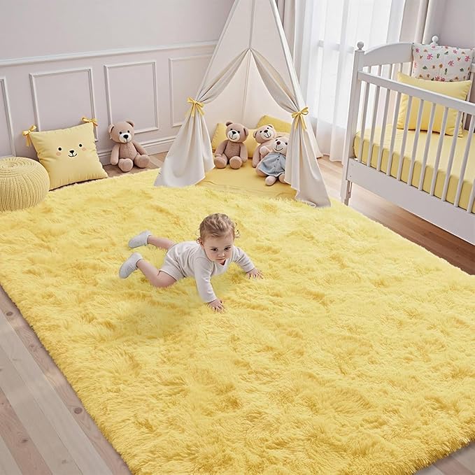 5x7 Yellow Rug for Living Room Shag Area Rugs Fluffy Bedroom Plush Carpet Thick Non Slip for Nursery Kids PlayRoom Home Decor Aesthetic