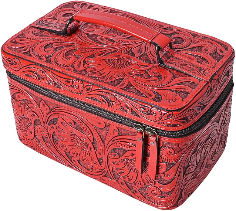 American Darling Western Hand Tooled Leather Jewelry Case | Handcrafted Travel Makeup Bag with Handle and Divided Interior
