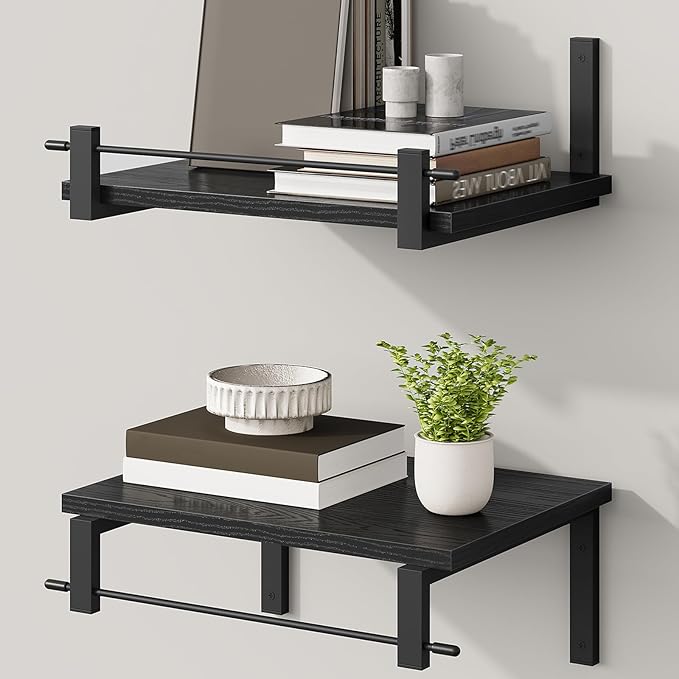 CHOEZON Deep Floating Shelves for Wall, 12 inch Wall Mounted Shelves Set of 2, Wide Floating Shelves for Living Room, Bedroom, Study, Bathroom, Black TBJ02P2BB