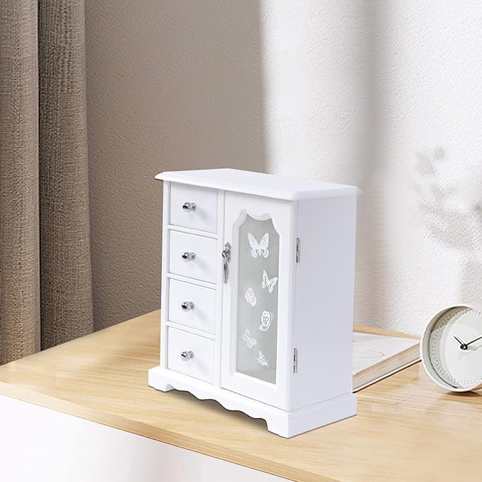 White Jewelry Box - Rotatable Hook with Large Mirror Dresser Decor - Wooden Makeup and Accessories Organizer with 4 Drawers - Wood Jewelry Case with Mirror for Necklaces, Earring, Rings