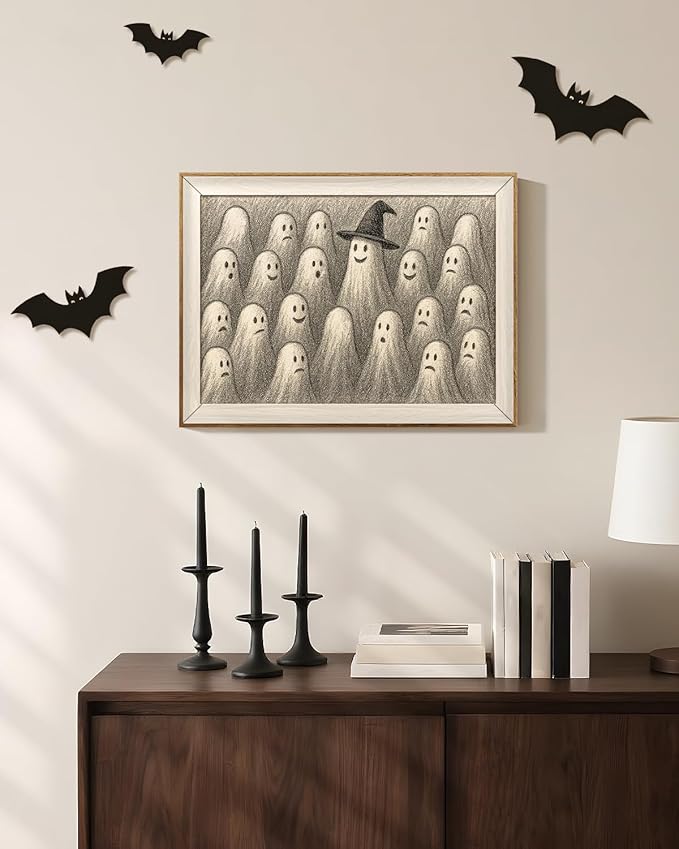 VIYYIEA Framed Wall Art for Living Room, Ghost Meeting Canvas Prints, Occult Home Decor, Halloween Painting Picture, Bathroom Wall Decor Gifts for Friends or Family - 16L x 12W