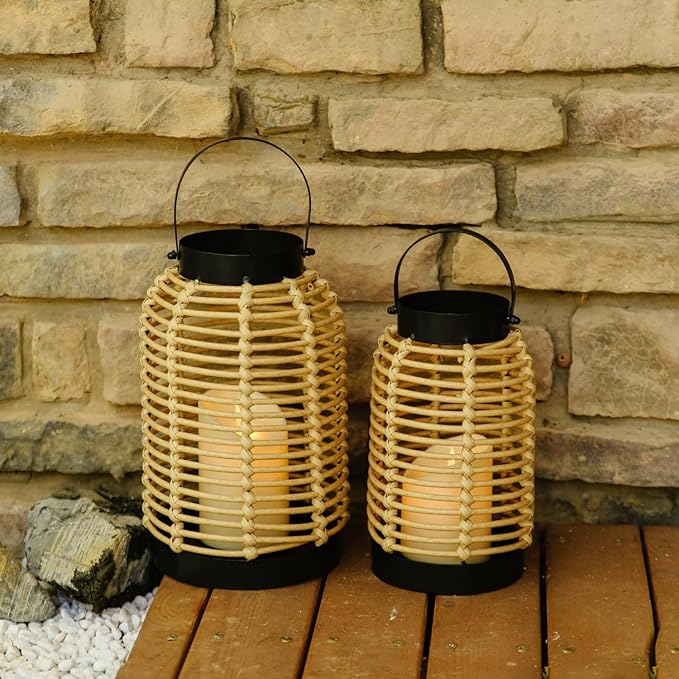 14in Lanterns Decorative for Home Decor- Decorative Candle Lanterns w/ LED Candles- Boho Rattan Woven Hanging Black Lanterns Decor for Indoor, Outdoor, Patio & Porch, Tabletop, Fireplace & Mantle