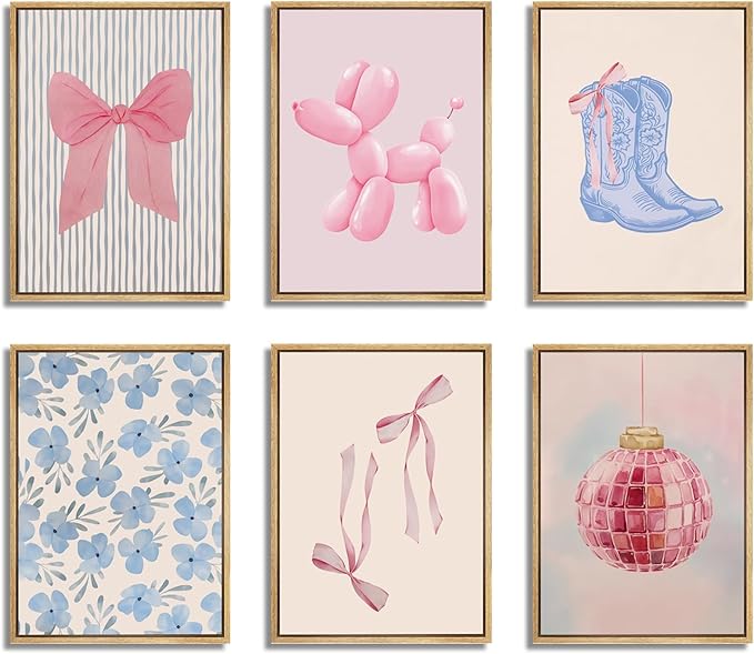 Blue and Pink Preppy Poster Set of 6 Cute Coquette Bow Boots Wall Art Aesthetic Coastal Wall Art, Trendy Girls Dorm Decor Cute Pink Bows Wall Decor for Bedroom Living Room Unframed 12x16 Inch