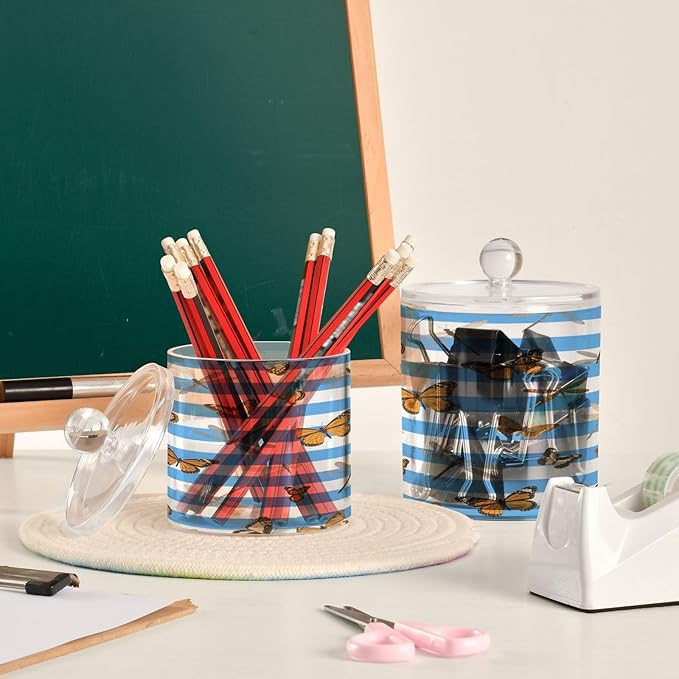 Blue White Striped Butterfly Dragonfly Clear Plastic Makeup Organizer Storage with lid Pantry Essentials Decorative Dental floss storage jar for Cotton Swabs,Cotton Pads,Floss Picks,Paper