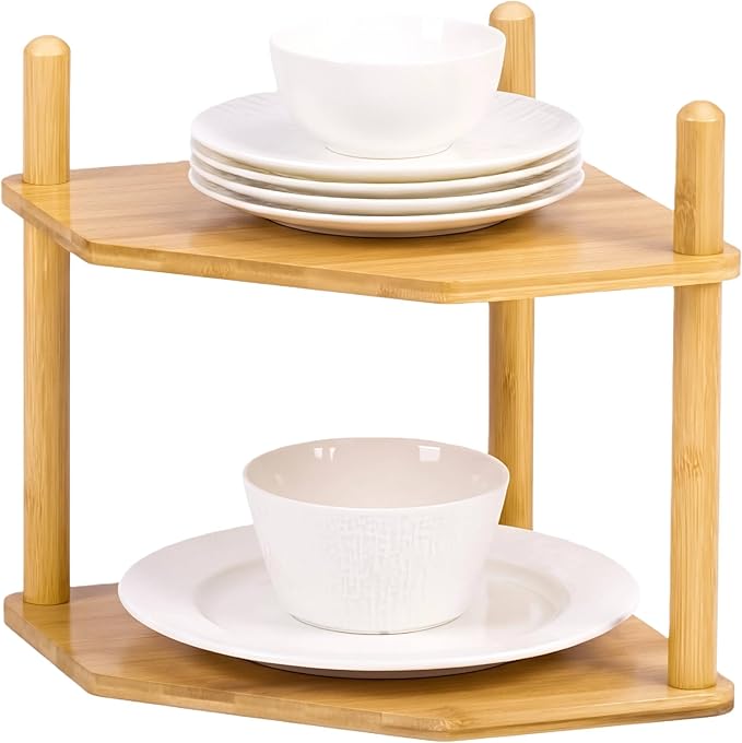2-Tier Expandable Bamboo Corner Shelf - Dish/Plate Organizer for Cabinet, Kitchen Counter Shelf & Small Kitchen Shelf, Adjustable (1, Natural, 6.7" H)