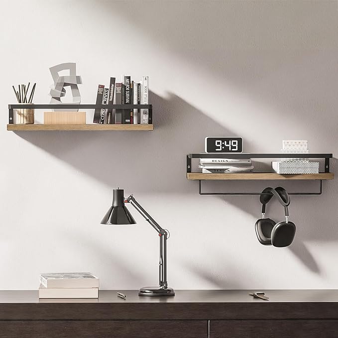 Bathroom Shelves with Towel Bar,Floating Shelves for Bathroom, Kitchen, Bedroom, Paulownia Wood, Matte Black Metal Frame - Set of 2 (Light Brown)