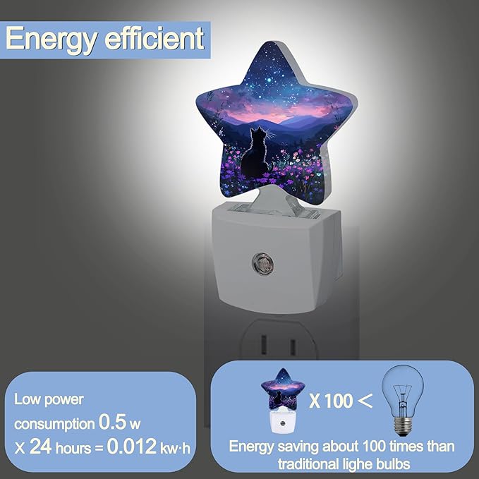 Cat Flowers Night Light,Mountain Starry Sky Plug-in Star Night Lights with Dusk-to-Dawn Sensor for Bedroom,Bathroom,Living Room Sleep Friendly Lamp for Women Girls Boys Gift,0.5W