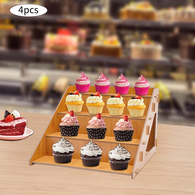 Wooden Display Riser Stand, 4 Set 4-Tier Cupcake Organizer Stand with Prevent Falling Edge, Cupcake Stands Shelf Holder for Candles, Skincare and Makeup