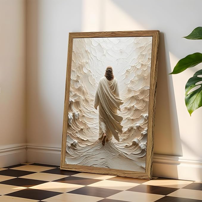 Jesus Walking on Water Wall Art, Frame 3D Textured Hand Drawn Sandstone Christian Wall Decor Paintings, Religious Spiritual Pictures for Living Prayer Room Bedroom 24x36 inch Wood Framed