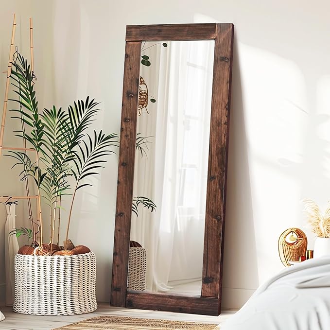 Full Length Mirror 65"x24" – Solid Wood Frame, HD Tempered Glass, Wall Mounted & Leaning, Rustic Modern Decor for Bedroom, Living Room, Entryway, Brown