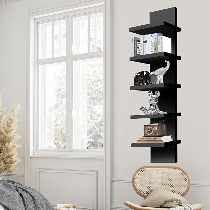 5 Tier Wall Shelf Unit, Decorative Wall Mount Vertical Shelving, Smooth Laminate Finish, Floating Storage Home Decor Organizer Tall Tower Design Utility Shelf for Bedroom Living Room (Black)