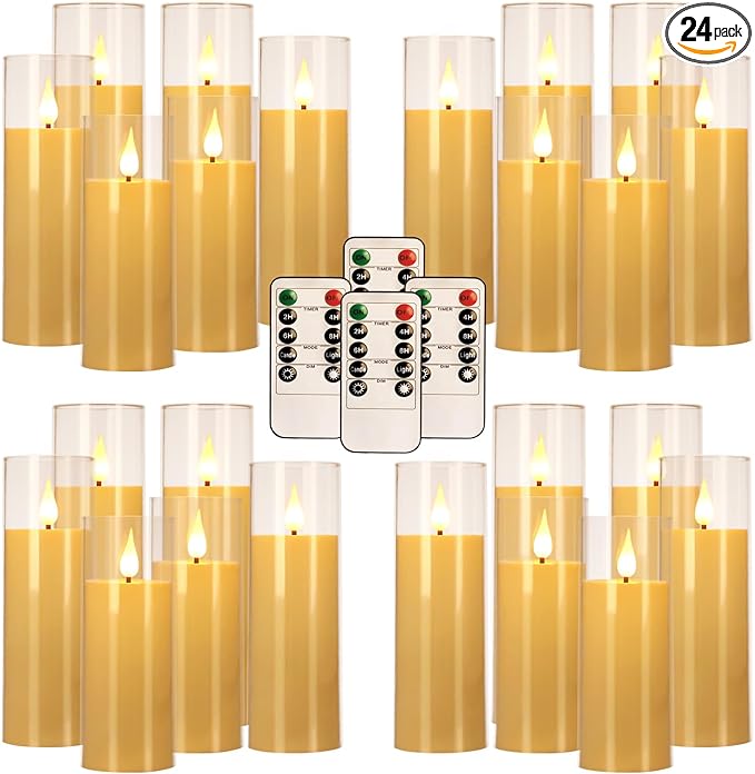 24 Pack LED Flameless Candles Set(14/16/18cm), Battery - Operated with 4 Remotes,Clear, Timer & Flickering/Steady Modes for Home décor, Wedding, Patio,Outdoor.