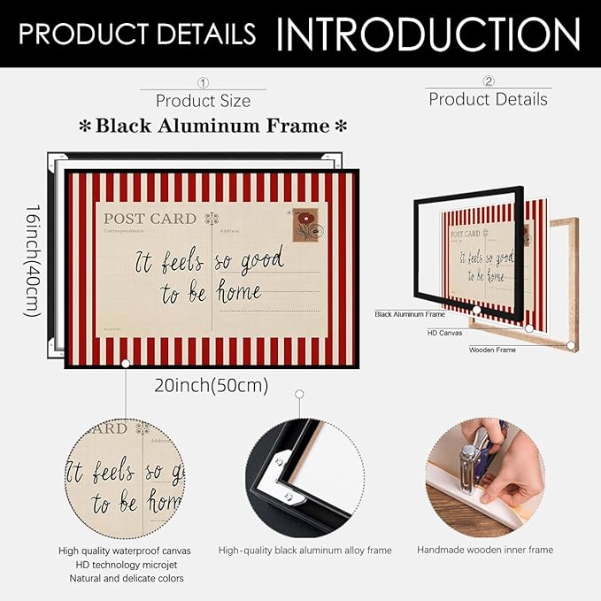 Red Vintage Postcard Poster It Feels So Good To Be Home Quote Wall Art Mid Century Modern Striped Canvas Prints for Living Room Bedroom Wall Decor 16X20 inch Aluminum Framed