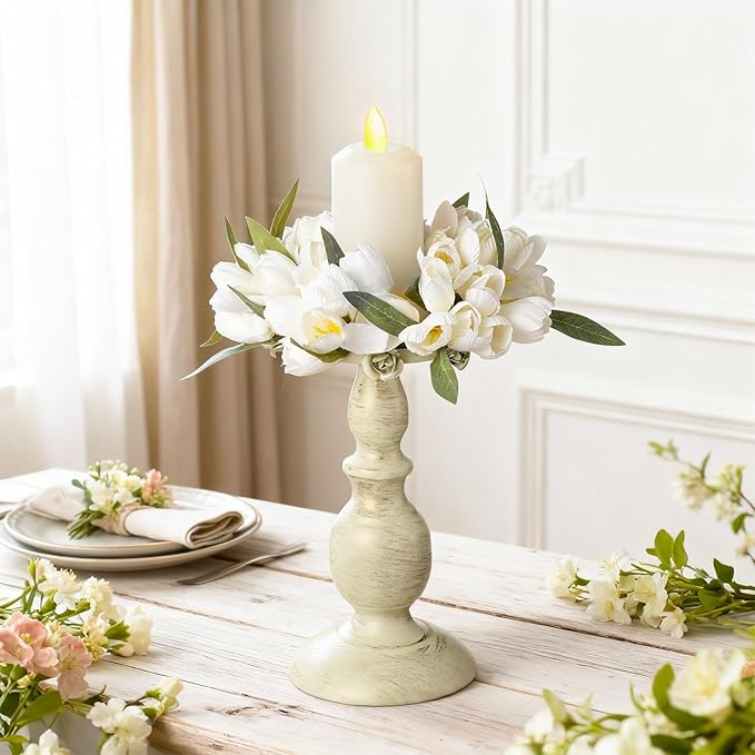Daifunli 2 Pcs Spring White Tulip Candle Ring Vibrant Floral Candle Wreath Ring for Pillar 3.9 Inch Candles Holder for Wedding Holiday Dining Table Centerpiece Decor