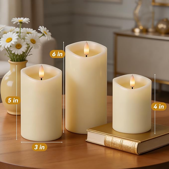 Rechargeable Flickering Flameless Candles Melted Edge Battery Operated with Remote and Timer, Real Wax LED USB Type-C Pillar Candles, Set of 3 (3" x 4",5",6"), Ivory, Home Decor