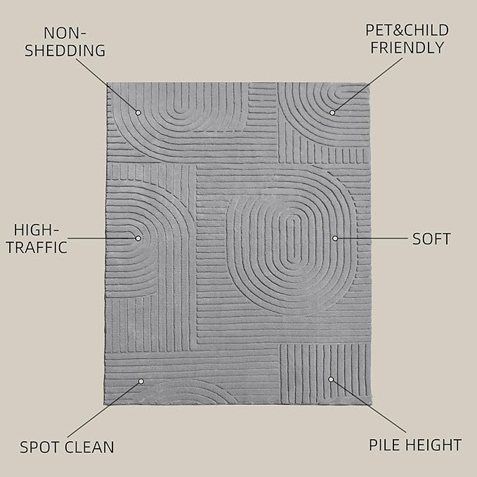 5x7 Solid Color Area Rugs – Washable Living Room Rug, Durable Non-Slip Indoor Carpet with Soft High-Low Pile, Fluffy Floor Rugs for Bedroom, Bedside, Kids Room, Dorm, Nursery, Home Décor, Grey