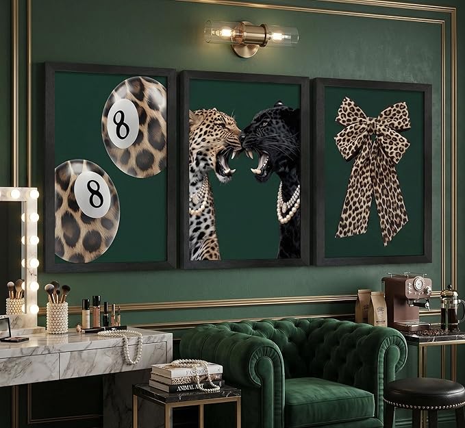 Framed 3pcs Trendy Leopard Canvas Wall Art Funky Lucky 8 Ball Pictures Wall Decor Cheetah Bows Preppy Aesthetic Posters Prints Paintings for Bedroom Dorm Living Bathroom Home Decoration