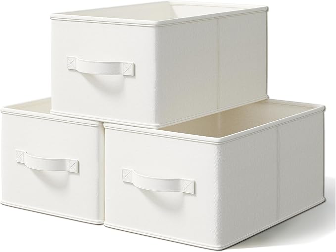 LayerSpace Fabric Storage Bins | Closet Bin Shelf Organizer Shelf Basket | Collapsible Linen Closet Organizer Storage Cube | 14¾"L x 10¼"W x 8¼"H | Storage for Clothes | White & Ivory 3 Pack