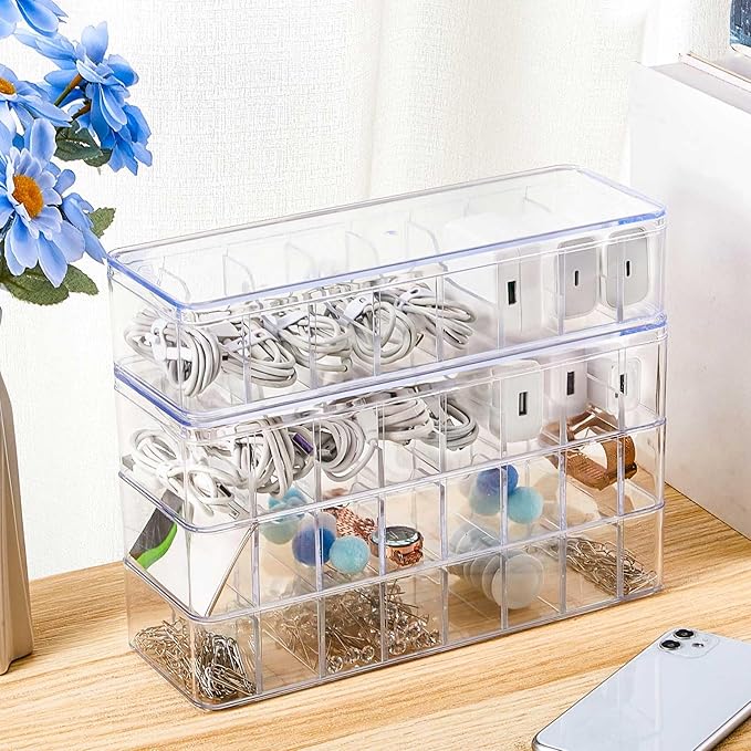 Tatuo 2 Pcs Cable Organizer Box with Wire Ties, Plastic Cord Storage Box with Lid, Electronics Organizer for Home Office Desk Organizers and Accessories (Clear)