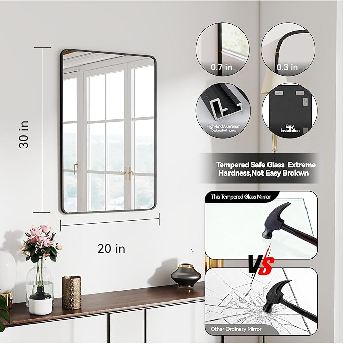 SCWF-GZ 20x30 Rectangle Mirror Full Length Wall Mounted Hanging or Against Wall Metal Frame Dressing Make-up Mirrors for Entryway Bedroom Bathroom Living Room 20 30 inch Black