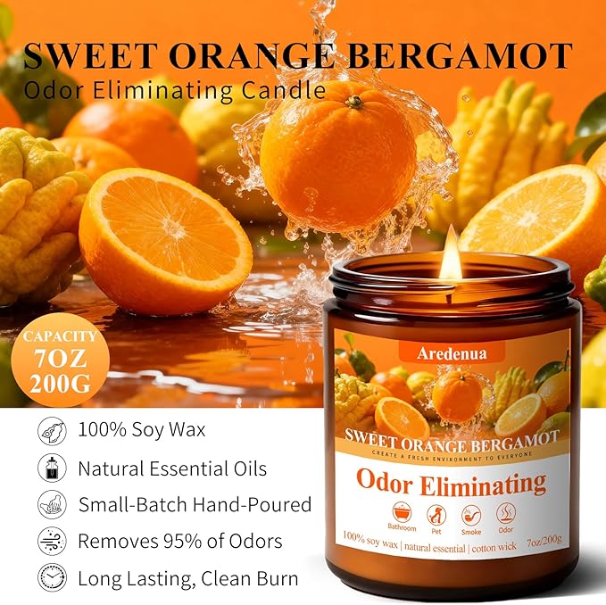 Sweet Orange Bergamot Odor Eliminating Candle | Eliminates 95% of Pet, Smoke & Bathroom Odors | 7oz Hand Poured Non-Toxic Soy Candle | Air Freshening Scented Candle for Positive & Relaxation