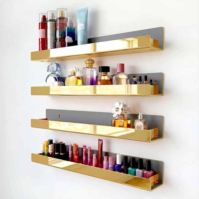 4 Pack 15 Inch Gold Reflective Acrylic Shelves, Gold Foating Shelves, Modern Sunglasses Essential Oil Picture Ledge Display Toy Storage Shelf
