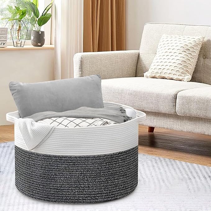 MEGASKET Large Throw Blanket Basket, 22" X 22" X 14" XXXL Blanket Holder for Living Room, Big Wicker Baskets for Storage, Woven Cotton Rope Kids Toy Box, Throw Pillow Holder Organizer Bin