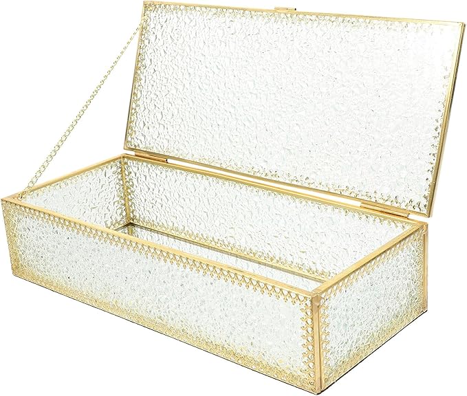 Rectangular Diamond Pattern Glass Jewelry Box with Frame Transparent Necklace Storage Holder Decorative Makeup Organizer for Anniversary Wedding and Valentine's Day
