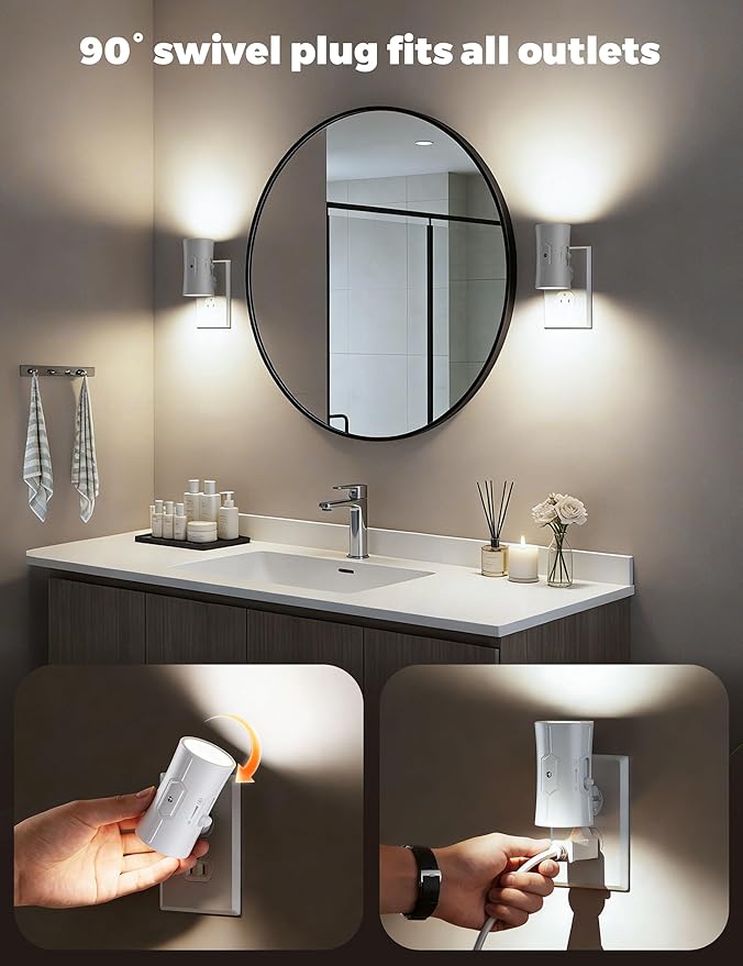 fesnne Night Light, LED Night Lights Plug into Wall, [2 Pack] White 0-100LM Adjustable Brightness Light Sensor Plug in Night Light for Hallway, Bathroom,Adult